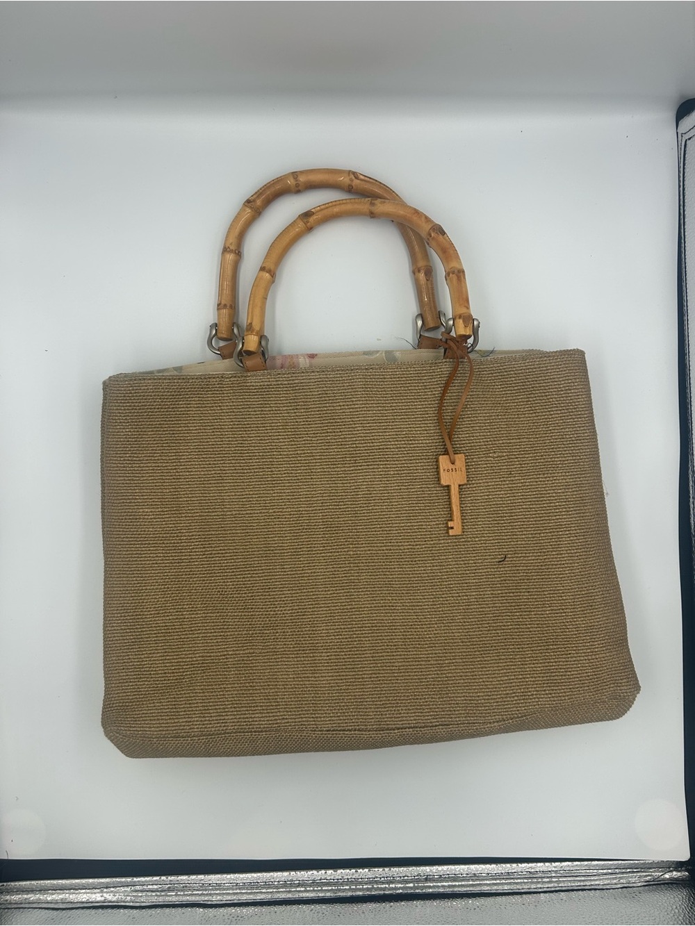 Vintage Fossil 1954 Woven Tan Tote Purse Bamboo Handles Floral Lining Key Charm